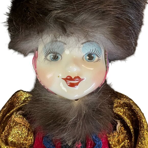 Pretty Hand Painted Russian Porcelain Girl Doll In Colorfully Dress & Fur Hat - Picture 11 of 14